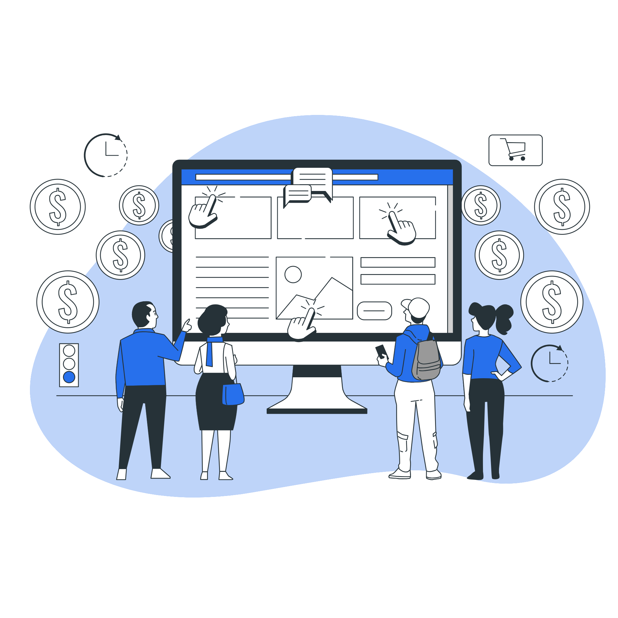 Storyset Webinar-bro_550x480 Illustration of giant calculator with business casual man standing to the right