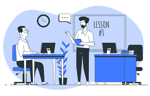 lesson bro 270 Illustration of a professor and a student in front of a whiteboard which says Lesson 1