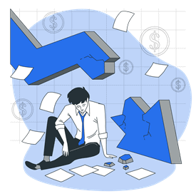 Illustration of defeated man below a broken around surround by paper and dollar signs