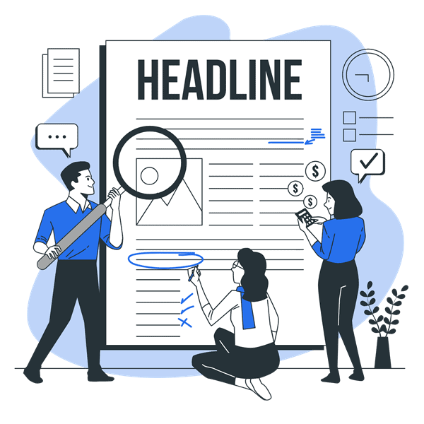 Storyset - Editorial commision-bro_600x600 Illustration of people looking at a large paper with headline written in bold and a magnifier glass