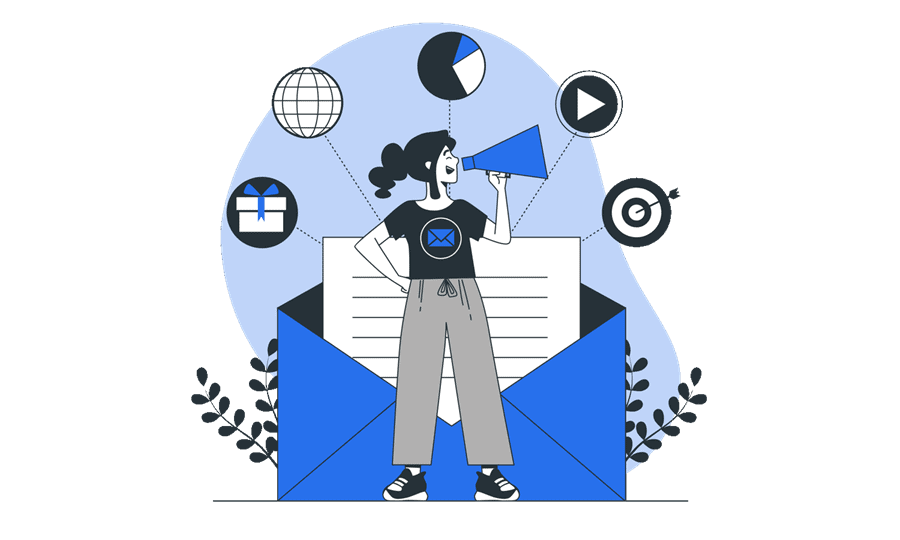 Illustration of woman with megaphone in front of an open email