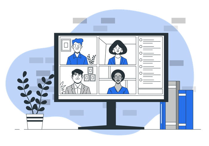 Illustration of video call with 4 people displayed on a monitor
