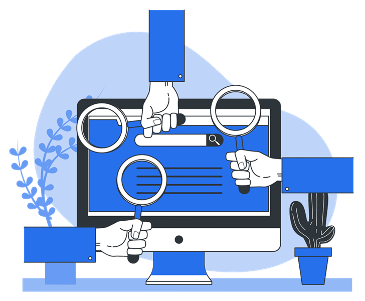 Illustration of a web page in a monitor with 3 hands holding magnifier glasses in front of the monitor