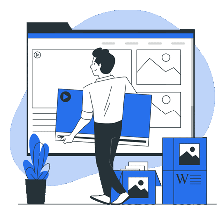 Illustration of a man standing behind a desk looking at a whiteboard with social media logos
