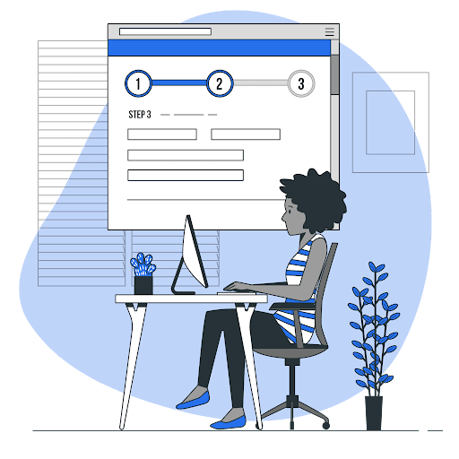 A Girl Sit front of computer and filling a multi step form