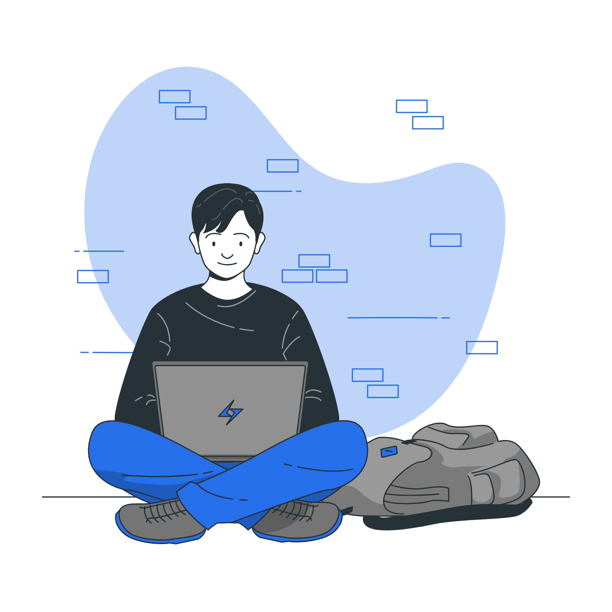 a graphic of a man sitting with a laptop and a bag