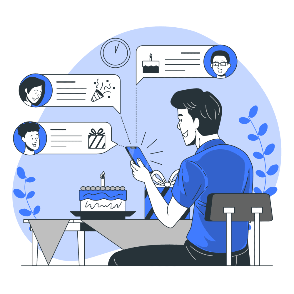 A vector of a person holding a phone while sitting at a table
