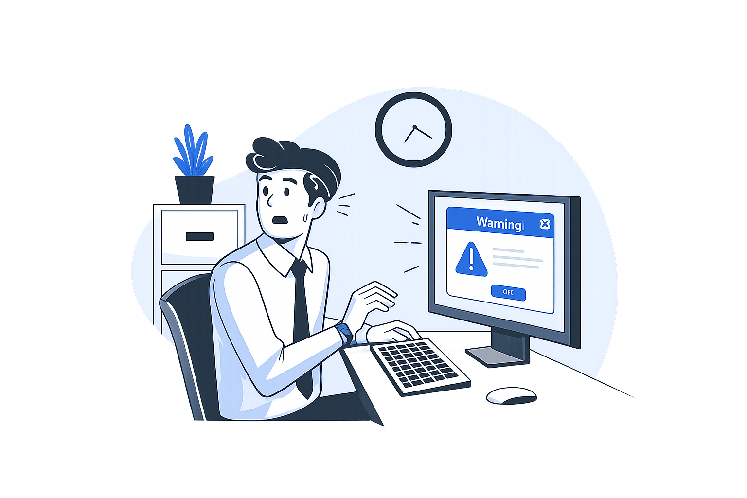 graphic image of a man looking away at laptop with warning sign